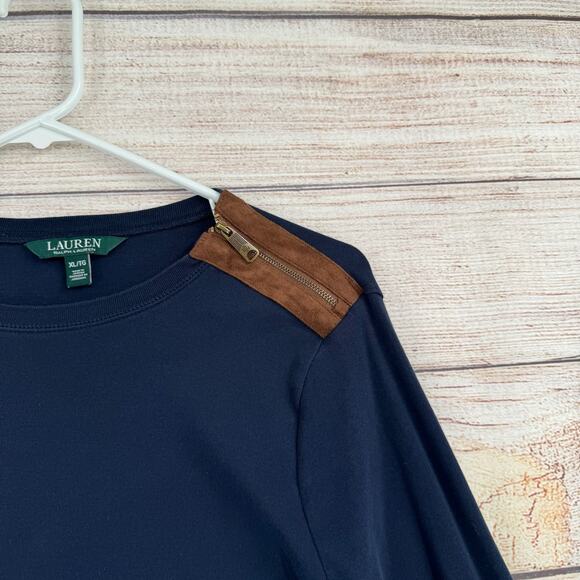 Lauren Ralph Lauren Shirt Womens XL Navy Blue Faux Suede Patches Shoulder Zip - Picture 3 of 10